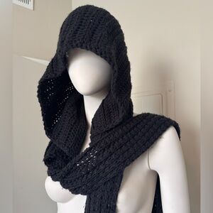 Oversized Black Crotchet Long Hooded Scarf